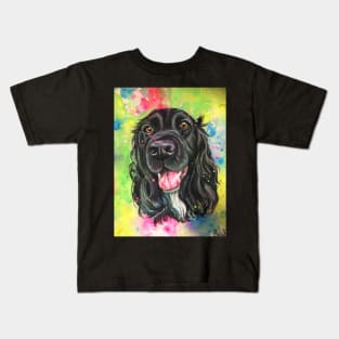 Black cocker spaniel , colourful watercolour background Kids T-Shirt